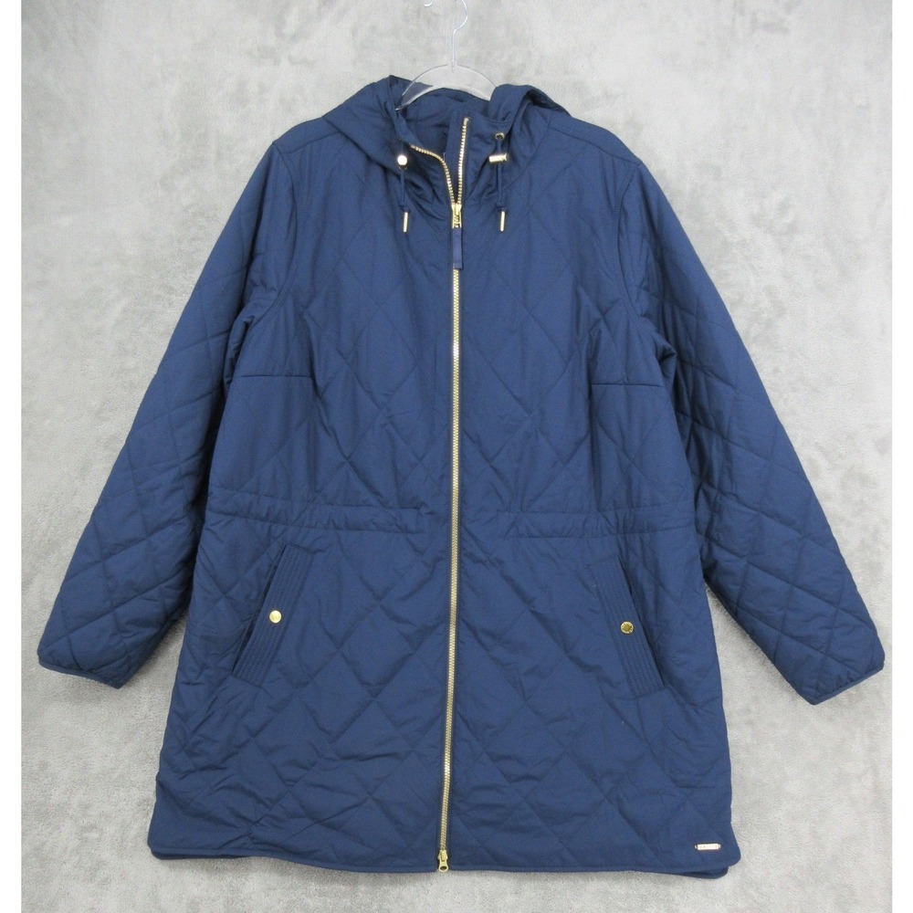 LL Bean Jacket Womens 2X Quilted Hooded Mid Length Pockets Outdoor Full Zip Blue - Picture 1 of 12